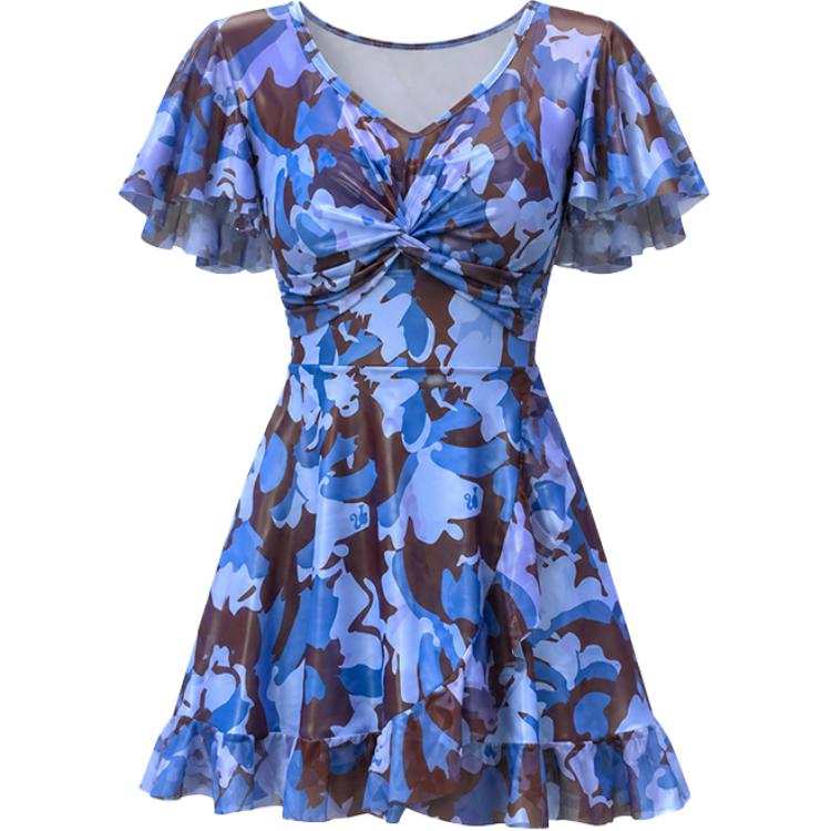 Barbie One Piece Swimsuits Women's Blue Floral V Neck Moderate Short Skirt One Piece Swimsuit