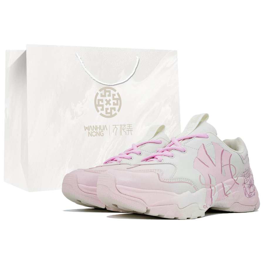 MLB Big Ball Chunky Kaleidoscope, Spring Letter, Box Slip Resistant Low top Chunky Sneakers Unisex White Pink