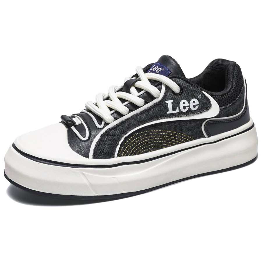 Lee Skateboard Shoes Men's Low Top Black & White & Yellow Line