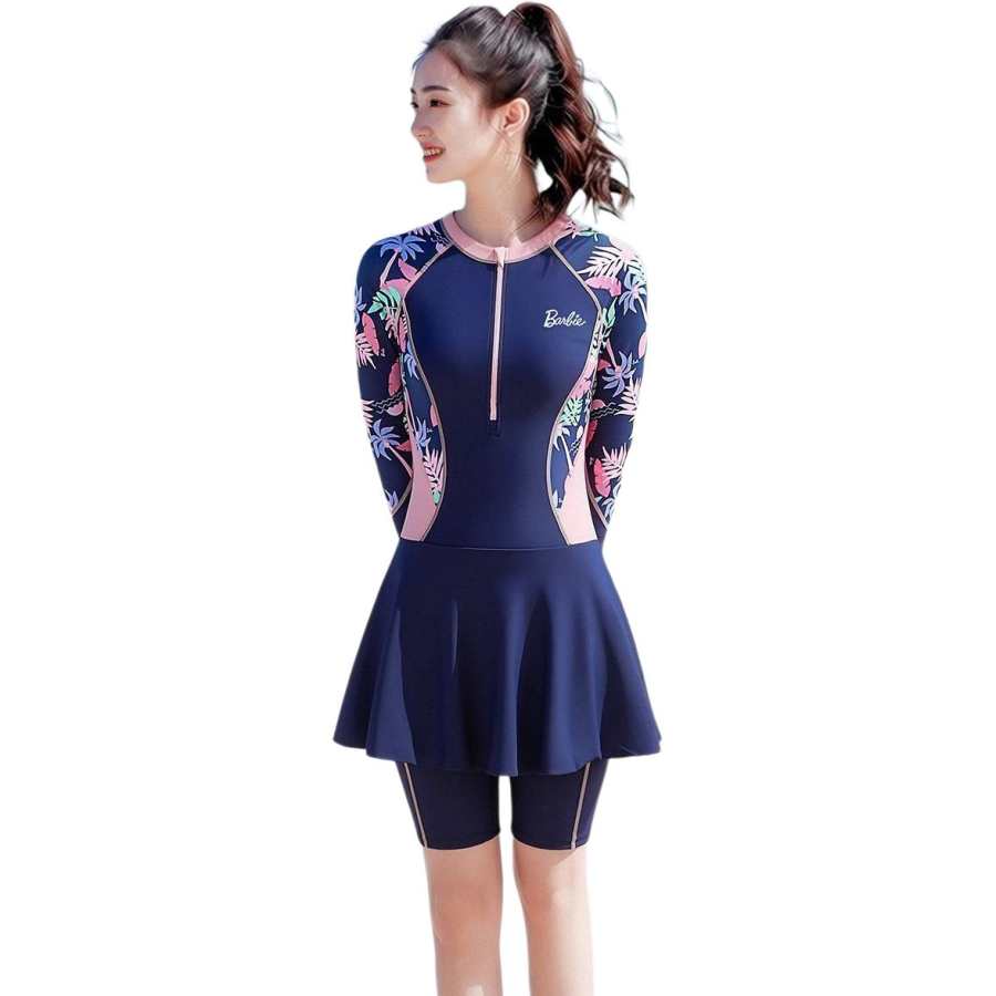Barbie One Piece Swimsuits Women's Navy Blue Crew Neck Moderate Short Skirt One Piece Swimsuit