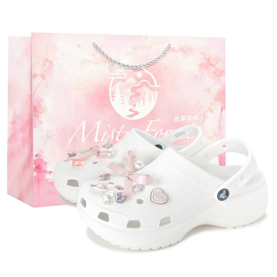 Crocs Classic Platform Clog Sweet Berry Ribbon, Shopping Bag Clogs Women's Pink White