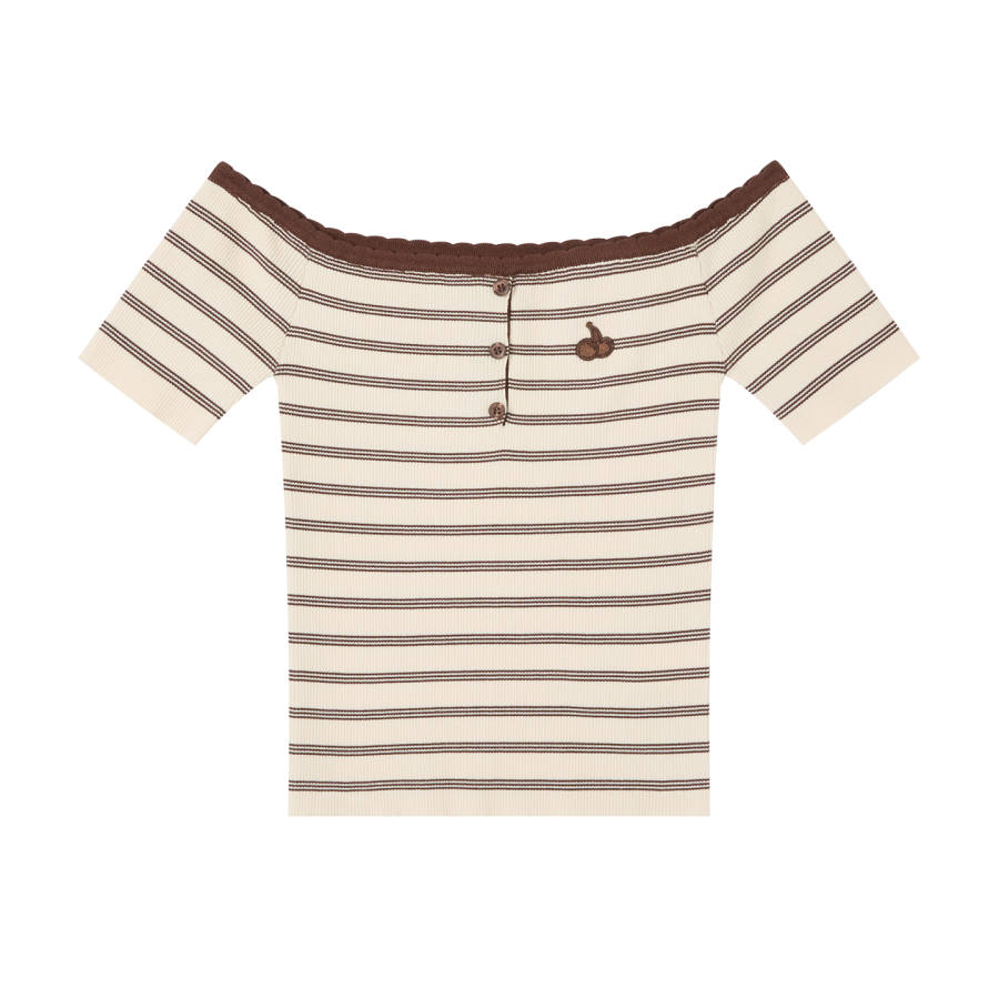 Kirsh T Shirts Women's Beige Coffee Stripes Off The Shoulder