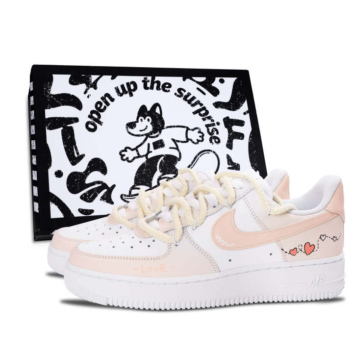 Nike Nike Air Force 1 Air Force 1, Pink Heart Sweet Charm Leather Slip Resistant Abrasion Resistant Low top Skateboard Shoes