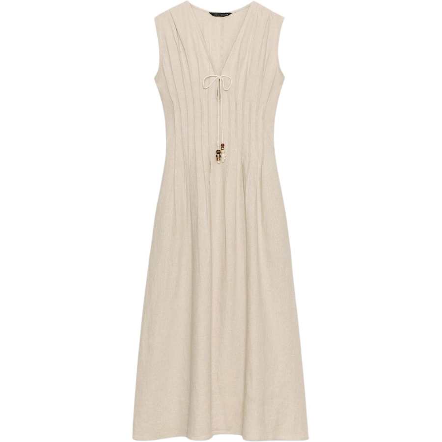 ZARA Sleeveless Dresses Women's Light Beige V Neck Moderate