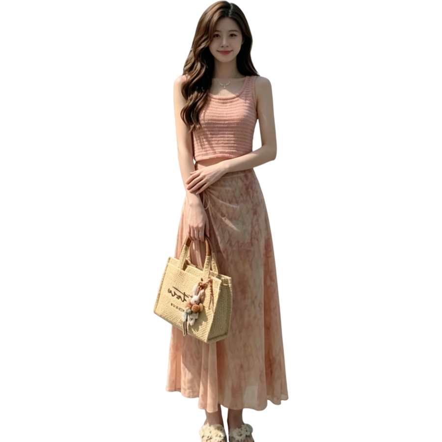 VENICEW Two Piece Skirt Sets Women's Crew Neck Thin Long Skirt