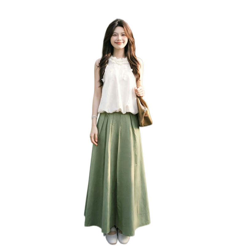 Sugarfunk Two Piece Skirt Sets Women's Lettuce Edge Collar Thin Long Skirt