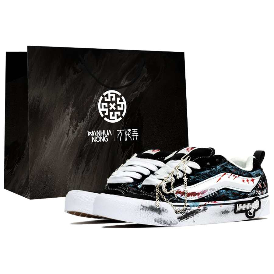 Vans Knu Skool Kaleidoscope, Cracks, Shopping Bag Low top Skateboard Shoes Unisex Black White