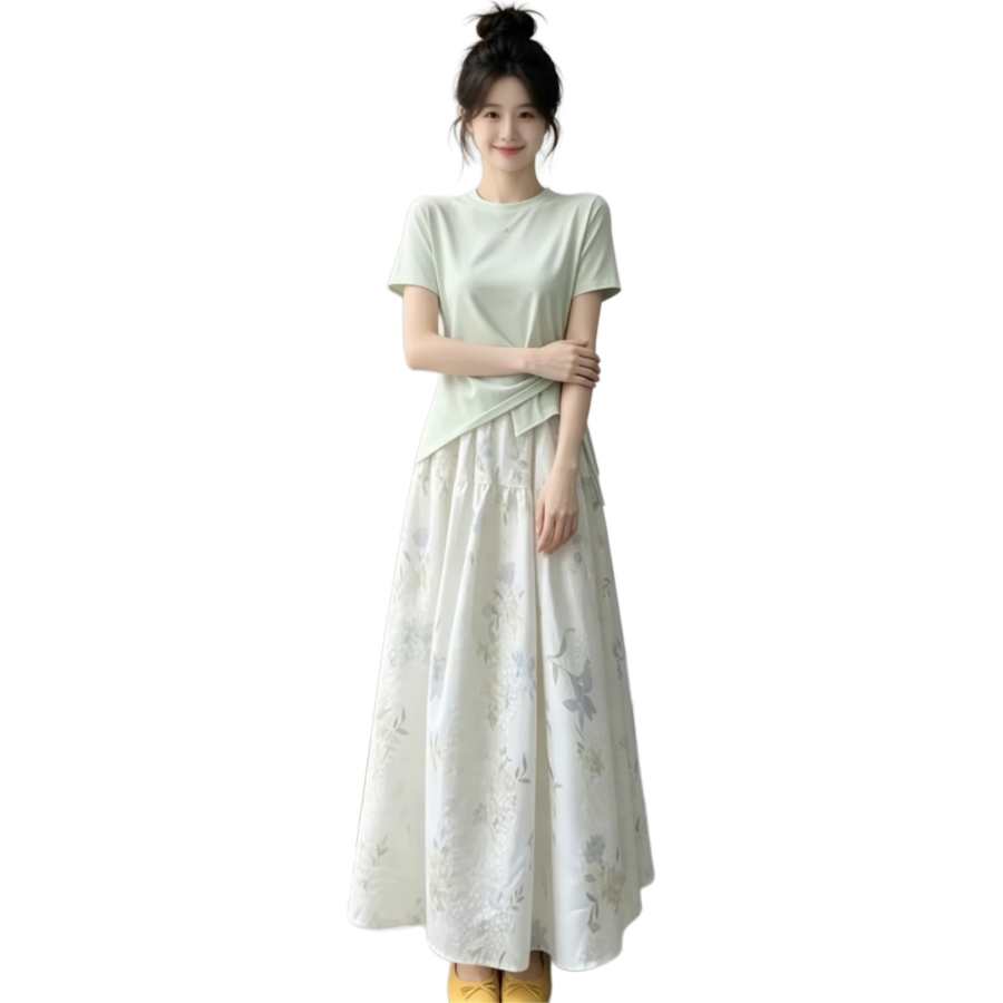 VENICEW Two Piece Skirt Sets Women's Crew Neck Thin Long Skirt