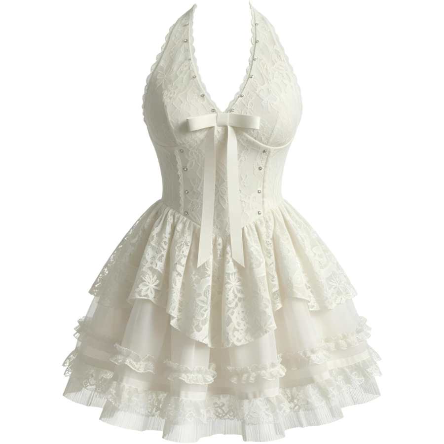 CHARM GLOW Sleeveless Dresses Women's White Halter Thin Short Skirt Tiered Skirt