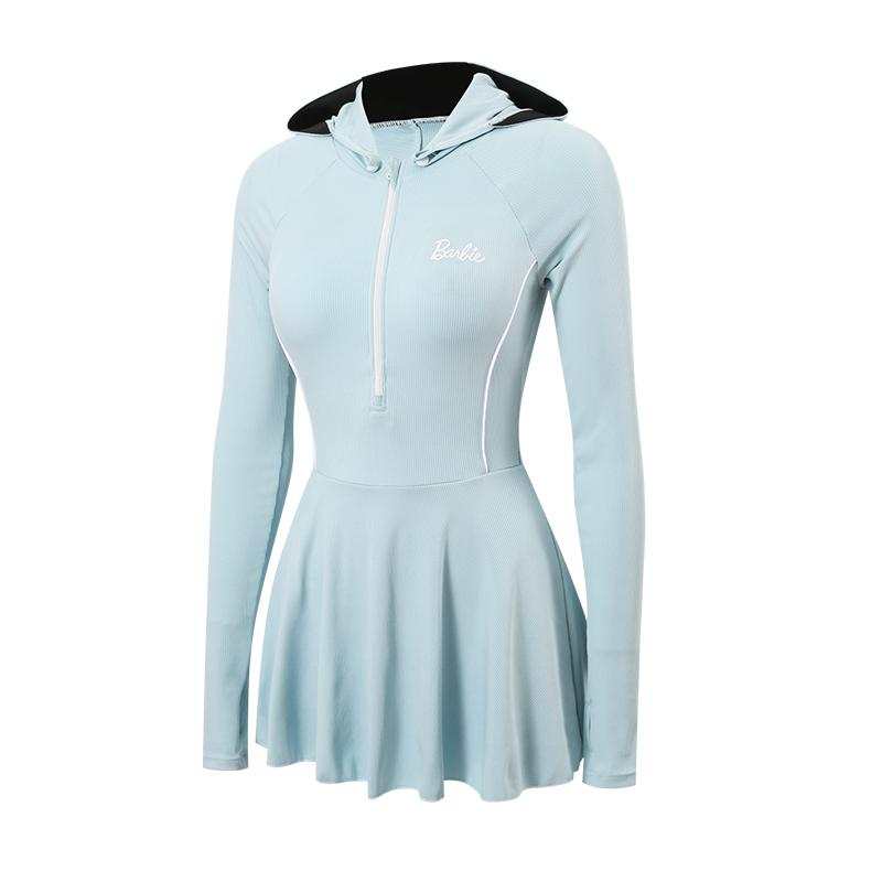 Barbie One Piece Swimsuits Women's Aqua Blue Hooded Detachable Moderate Short Skirt One Piece Swimsuit