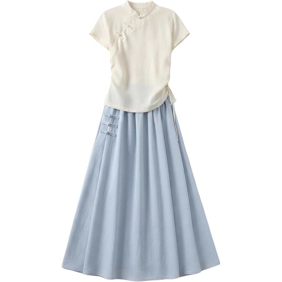 CHARM GLOW Two Piece Skirt Sets Women's Stand Collar Thin Long Skirt