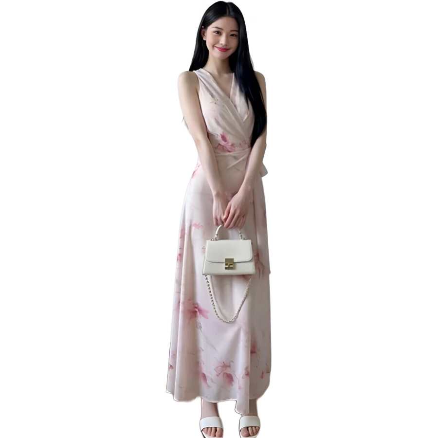VENICEW Slip Dresses Women's Pink V Neck Thin Long Skirt A Line Skirt
