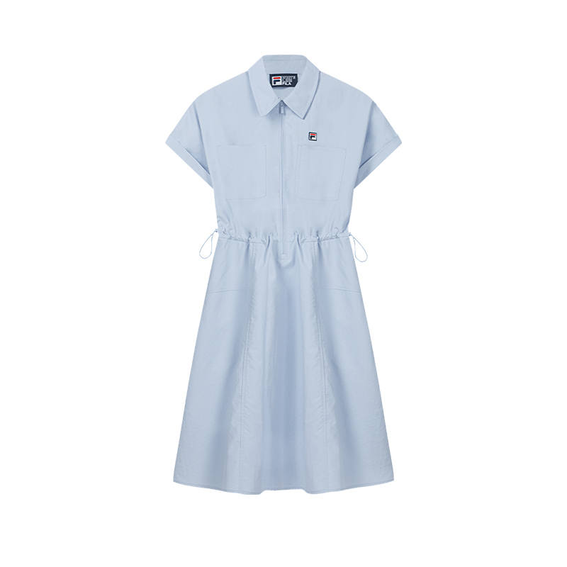 FILA Heritage Short Sleeved Dresses Women's Ice Cobalt Blue Lapel Moderate Midi Skirt