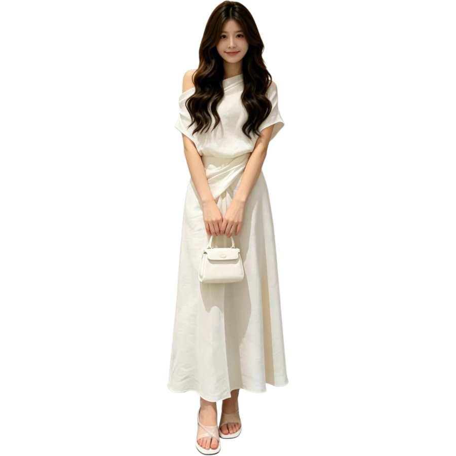 VENICEW Two Piece Skirt Sets Women's Asymmetrical Shoulder Thin Long Skirt