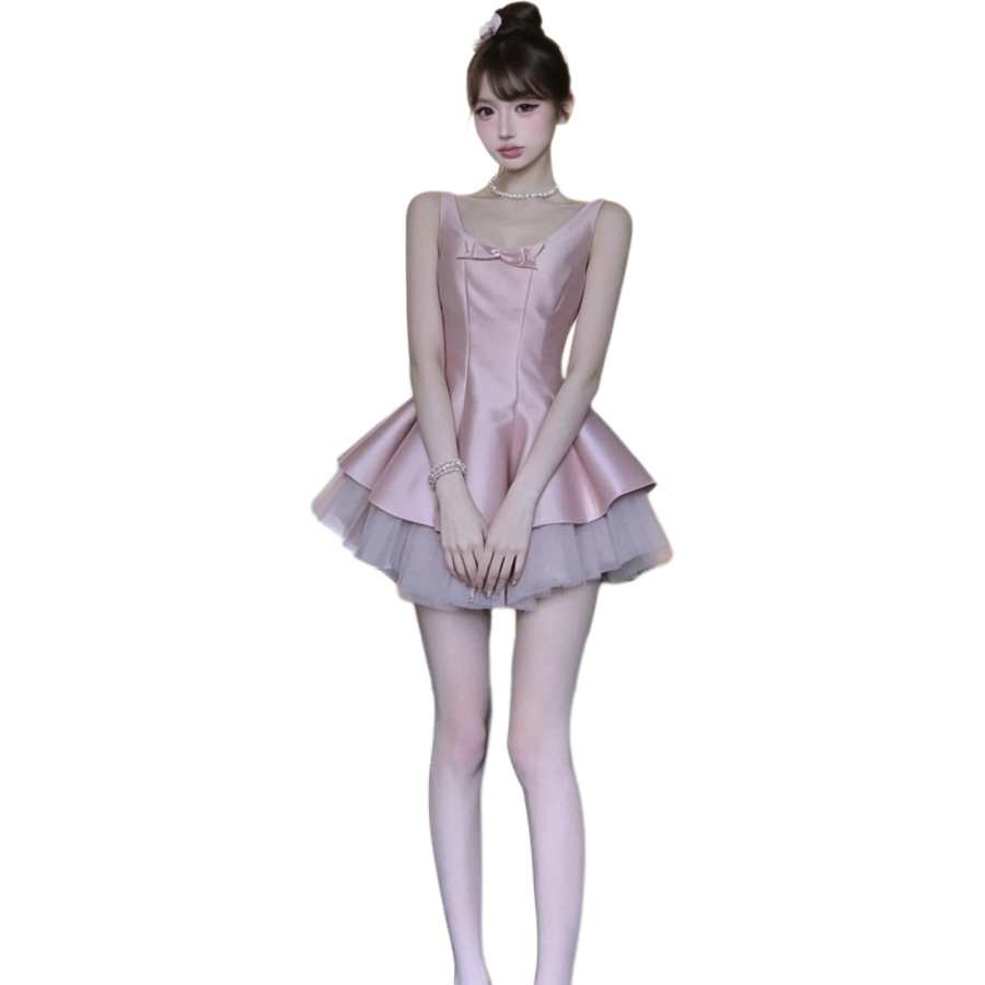 VENICEW Slip Dresses Women's Pink Camisole Thin Short Skirt Puffy Skirt
