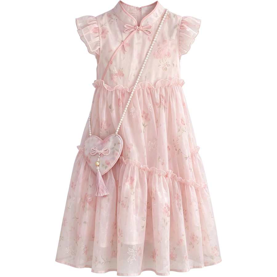 Disney Kids Dresses Cheongsam Collar Thin Midi Skirt Non Stretch