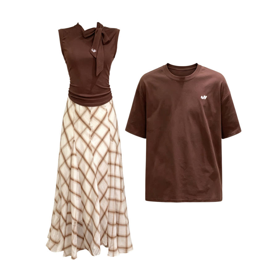 TUSHIFEI Couple Sets Women's Crew Neck Moderate Long Skirt