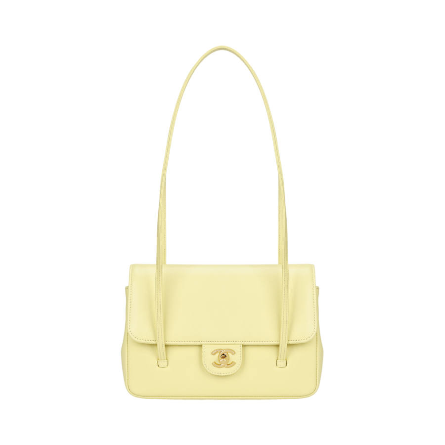 CHANEL Grain Embossed Shiny Calfskin & Gold Metal Flap Bag Shoulder Bag Small Women's Yellow