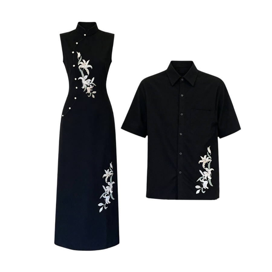 TUSHIFEI Couple Sets Women's Polo Collar Moderate Long Skirt