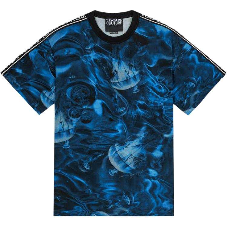 VERSACE JEANS COUTURE T Shirts Men's Blue Black Crew Neck Moderate Straight Fit