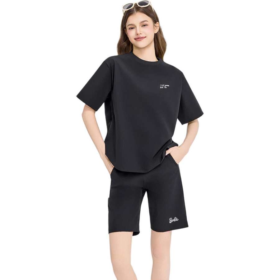 Barbie Two Piece Swimsuits Women's Black Crew Neck Moderate Square Leg Two Piece Swimsuit