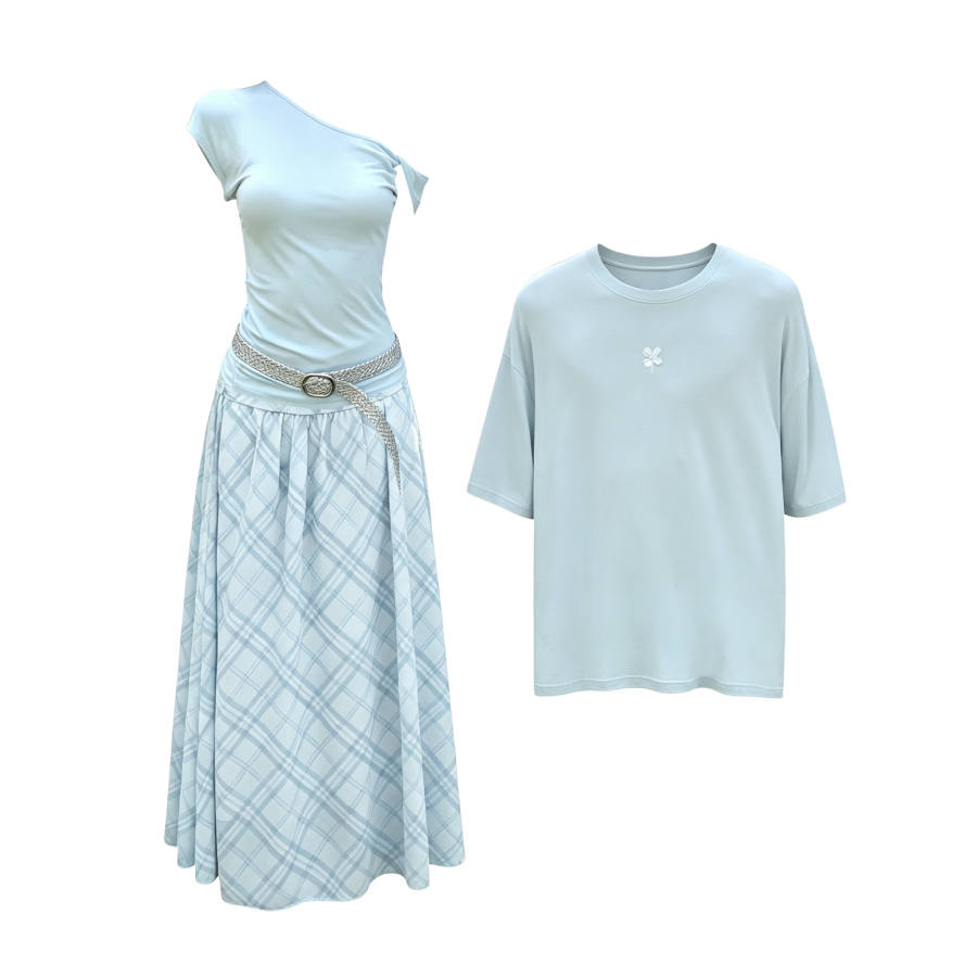 TUSHIFEI Couple Sets Women's Asymmetrical Collar Moderate Long Skirt