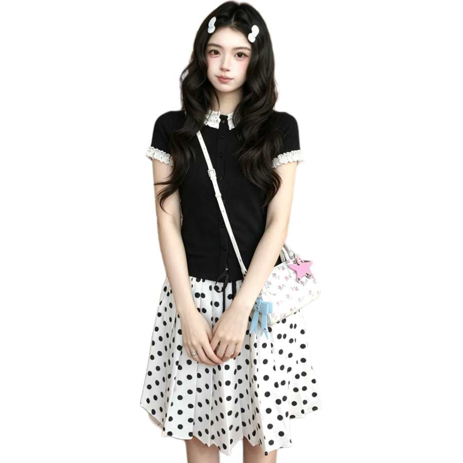 VENICEW Two Piece Skirt Sets Women's Peter Pan Collar Thin Midi Dress