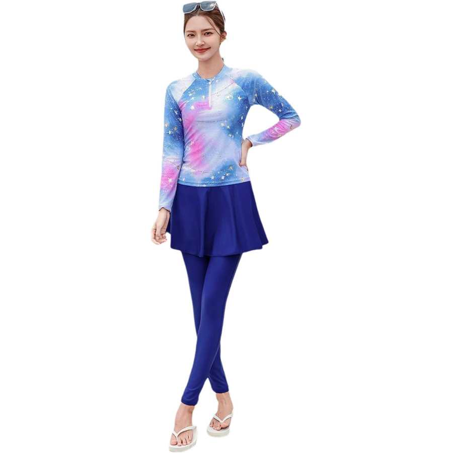 Barbie Two Piece Swimsuits Women's Blue Half Open Collar Moderate Short Skirt