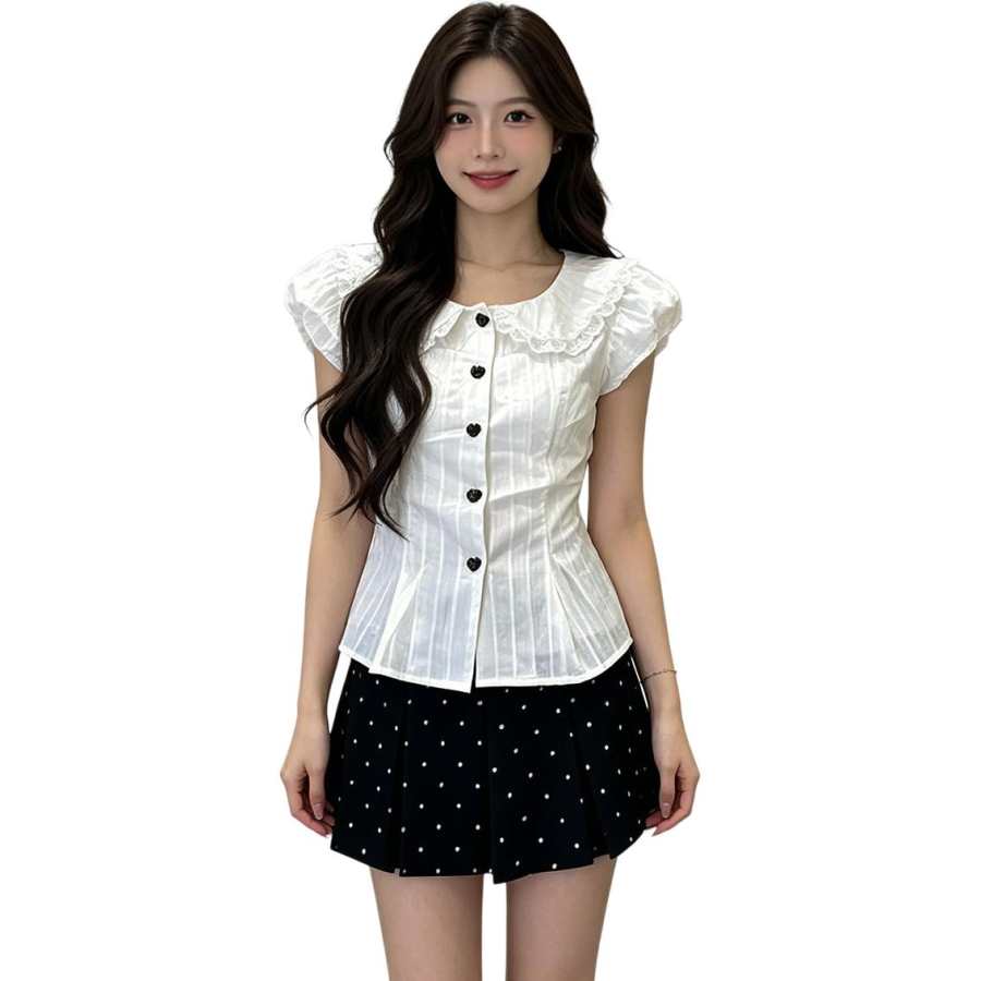 VENICEW Shirts Women's White Peter Pan Collar Thin