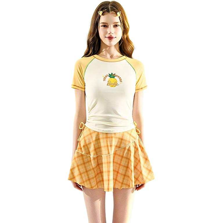 Barbie Two Piece Swimsuits Women's Orange Yellow Crew Neck Moderate Short Skirt Two Piece Swimsuit
