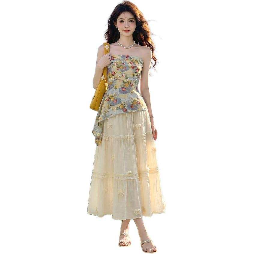 VENICEW Two Piece Skirt Sets Women's Strapless Top Thin Midi Skirt