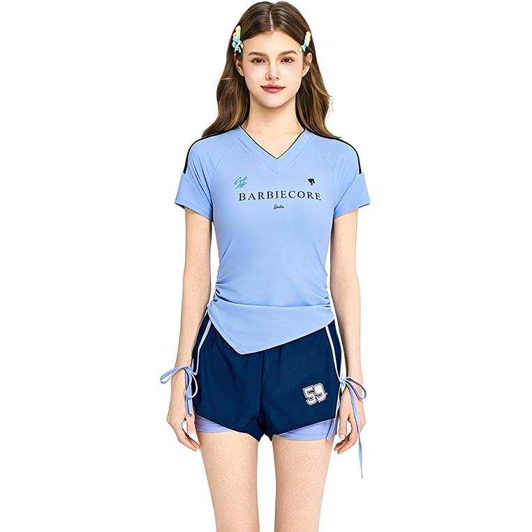 Barbie Two Piece Swimsuits Women's Blue V Neck Moderate Square Leg Two Piece Swimsuit