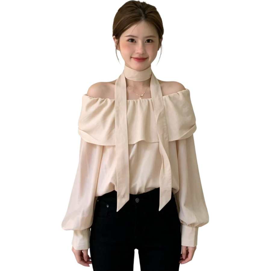 VENICEW Shirts Women's Apricot Off The Shoulder Moderate