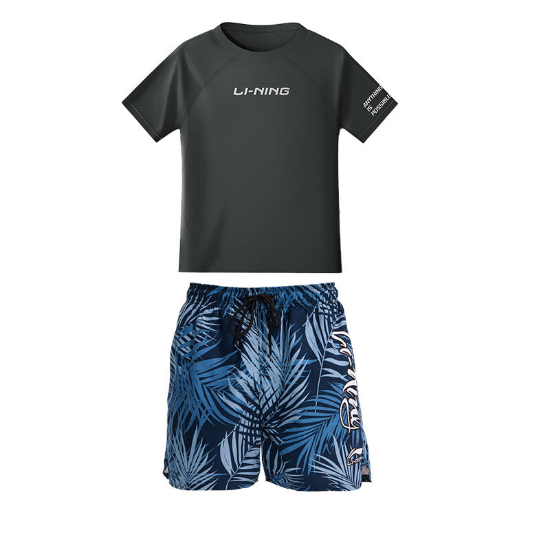 Li-Ning Li Ning Men's Swimwear Men's Black Blue Set Black Short Sleeved T Shirt+Blue Beach Shorts Moderate Other
