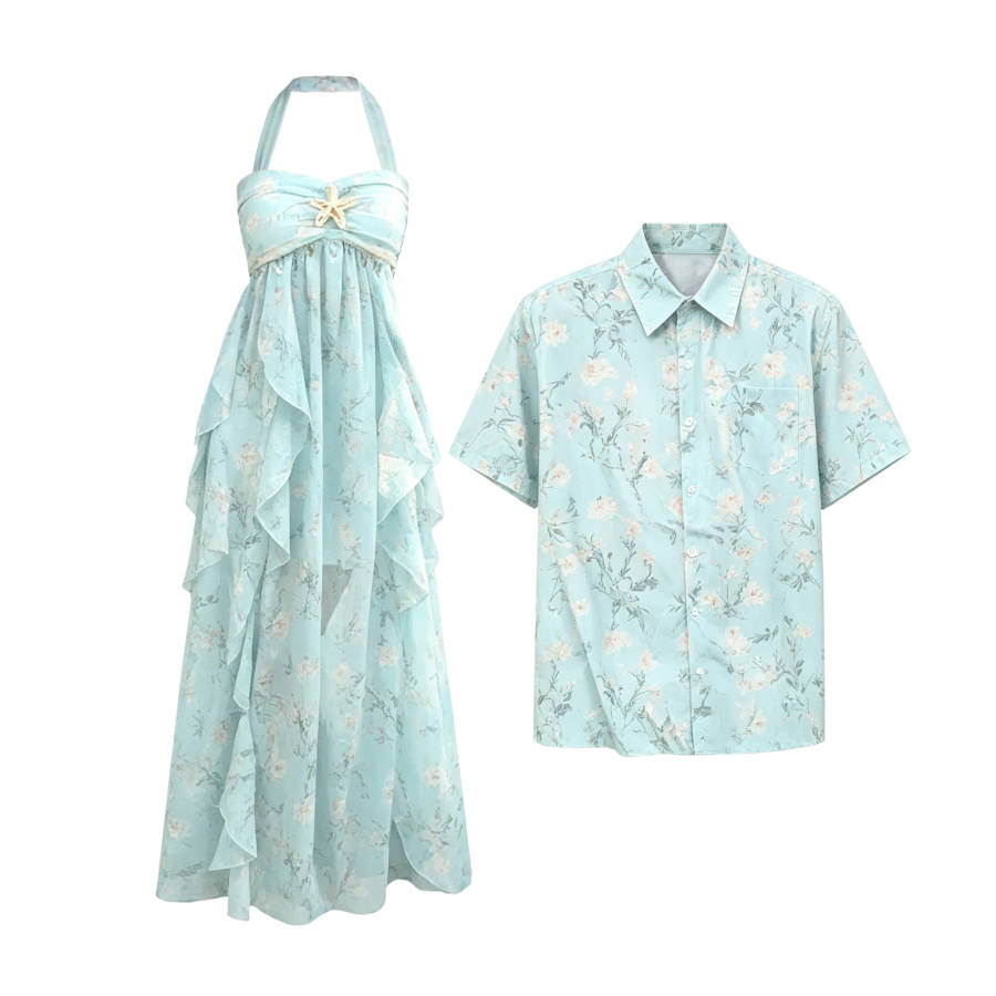 TUSHIFEI Couple Sets Women's Polo Collar Moderate Long Skirt