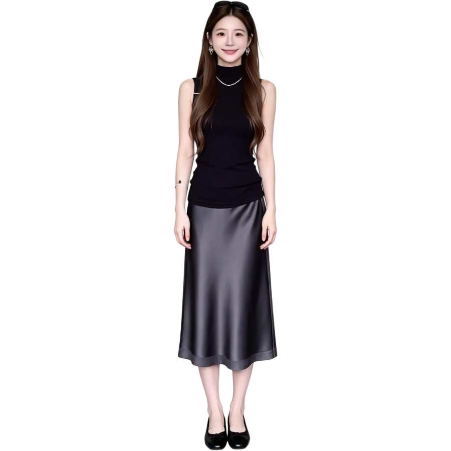 VENICEW Two Piece Skirt Sets Women's Half Turtleneck Moderate Midi Skirt