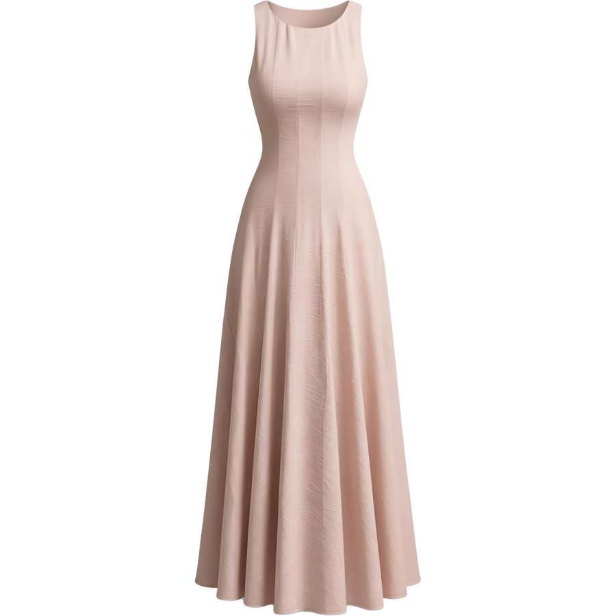 CHARM GLOW Sleeveless Dresses Women's Pink Crew Neck Thin Long Skirt A Line Skirt