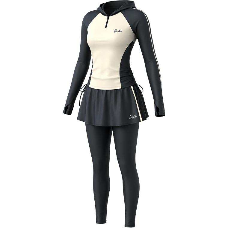 Barbie Two Piece Swimsuits Women's Black White Hooded Detachable Moderate Short Skirt