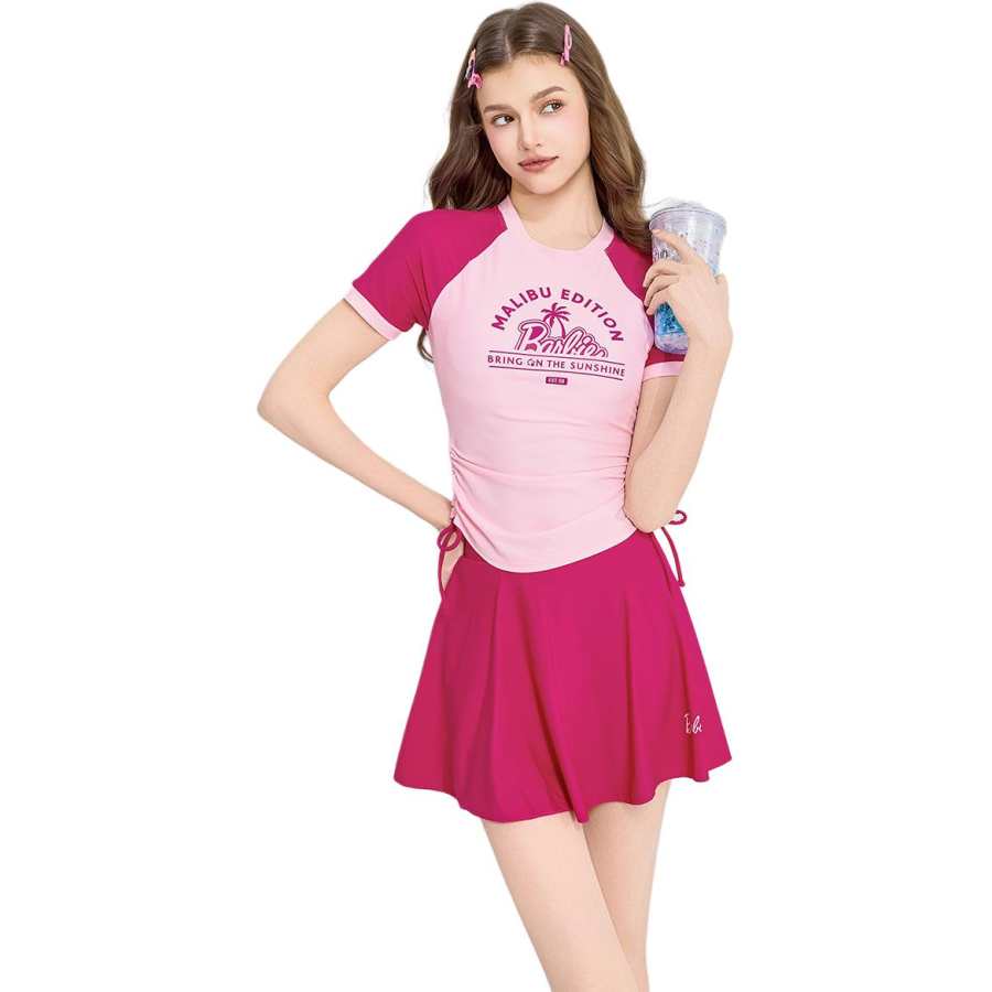 Barbie Two Piece Swimsuits Women's Rose Red Crew Neck Moderate Short Skirt Two Piece Swimsuit