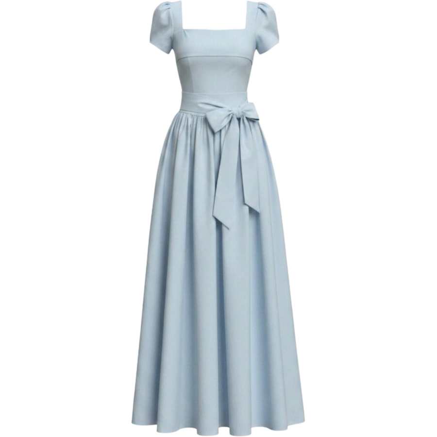 CHARM GLOW Short Sleeved Dresses Women's Blue Square Collar Thin Long Skirt A Line Skirt