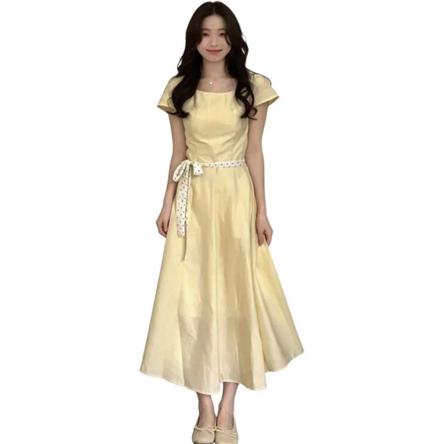 VENICEW Short Sleeved Dresses Women's Yellow Square Collar Moderate Long Skirt