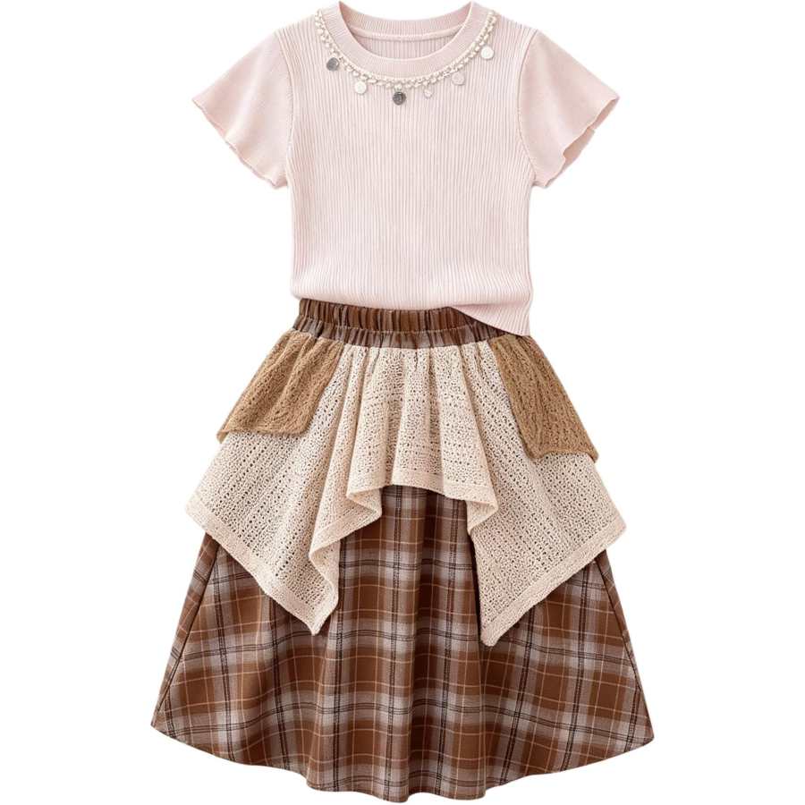 Disney Kids Two Piece Skirt Sets Crew Neck Thin Midi Skirt Stretch
