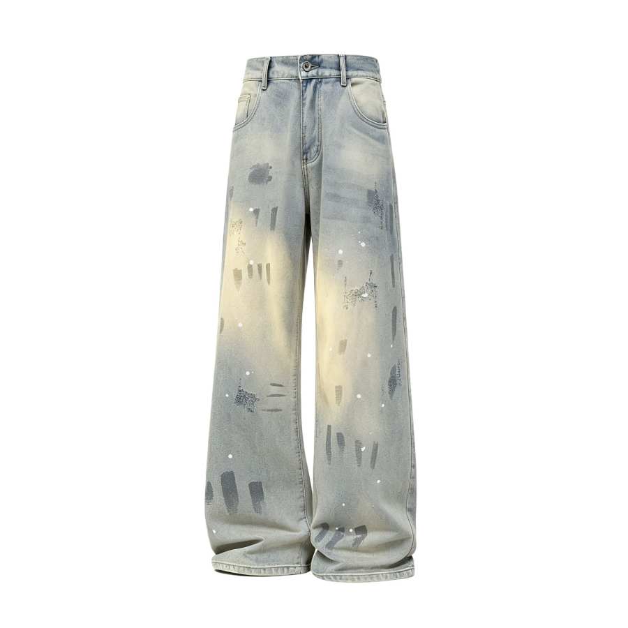 WARRIOR Jeans Unisex Blue Gray DIY Badge Moderate Straight Fit Pants
