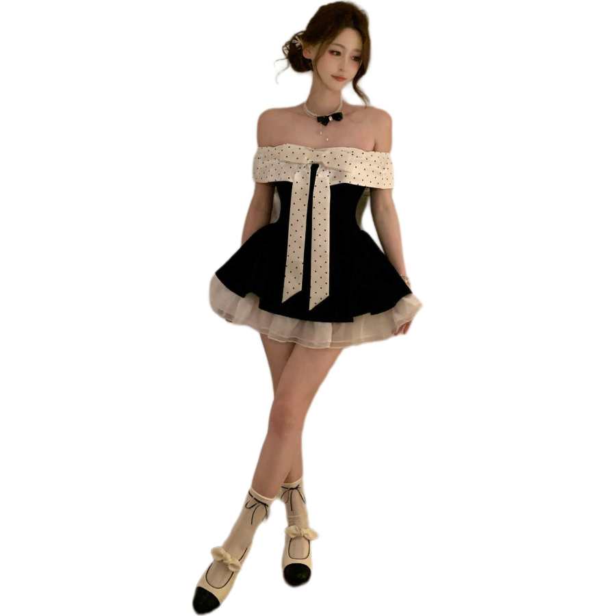VENICEW Sleeveless Dresses Women's Dress Off The Shoulder Moderate Short Skirt Puffy Skirt