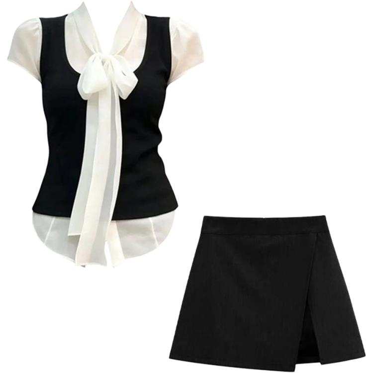 MARIE·COCO Two Piece Skirt Sets Women's V Neck Moderate Short Skirt