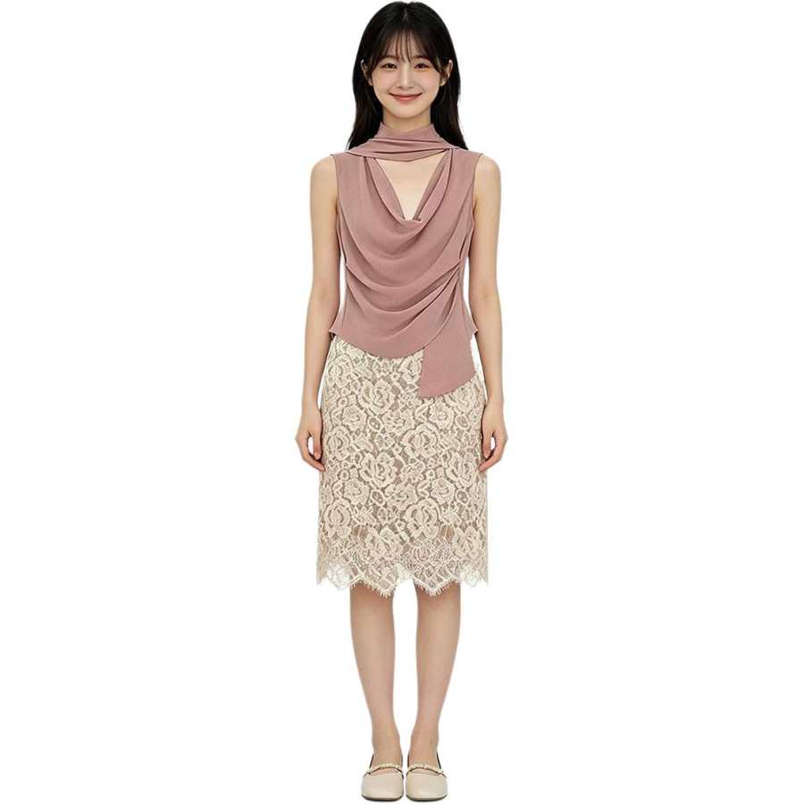VENICEW Two Piece Skirt Sets Women's Draped Neckline Moderate Midi Skirt