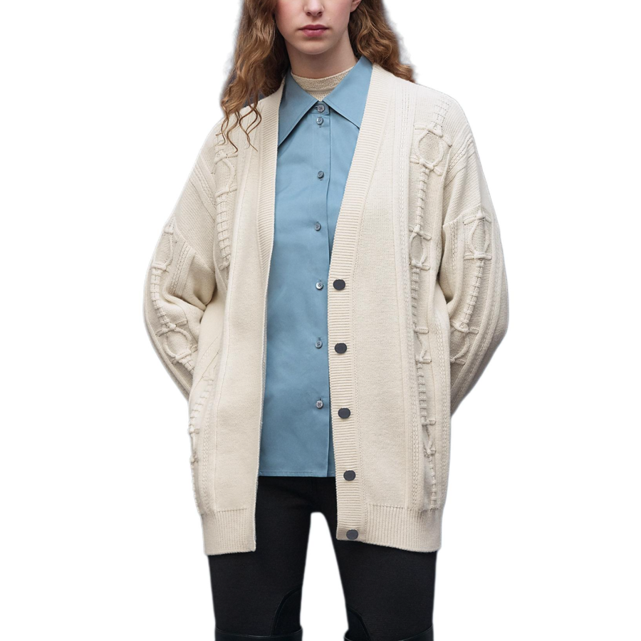 HERMES Sweaters Women's Natural White V Neck Moderate Straight Fit
