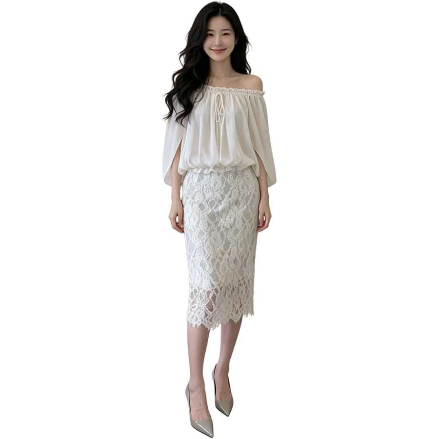 VENICEW Two Piece Skirt Sets Women's Off The Shoulder Moderate Midi Dress