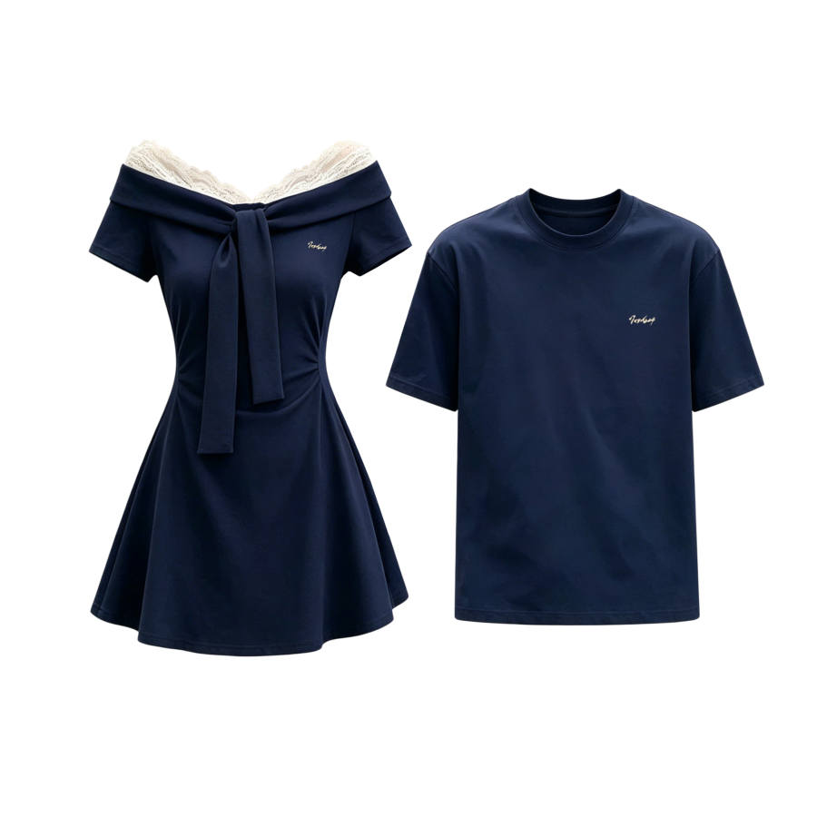 TUSHIFEI Couple Sets Women's Crew Neck Moderate Short Skirt