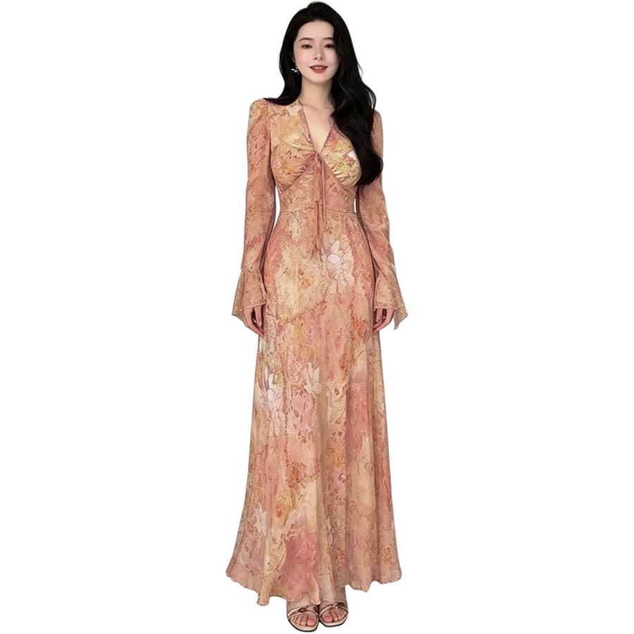 VENICEW Long Sleeved Dresses Women's Pink Orange V Neck Thin Long Skirt